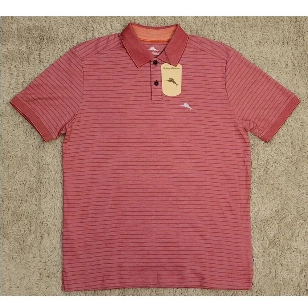 Tommy Bahama Men's Short Sleeve Striped Polo Shirt Truly Red Size Small